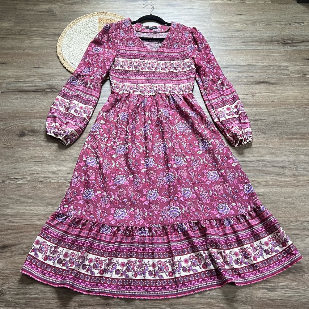 GAOVOT Floral Print Smocked Top Long Sleeve Dress
